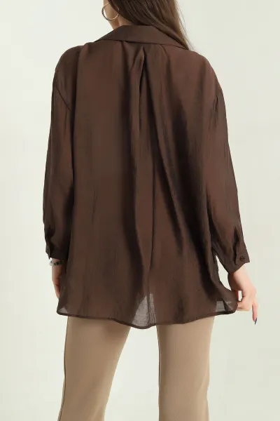 Kahverengi Tek Cep Oversize Dokuma Bayan Gömlek 336958