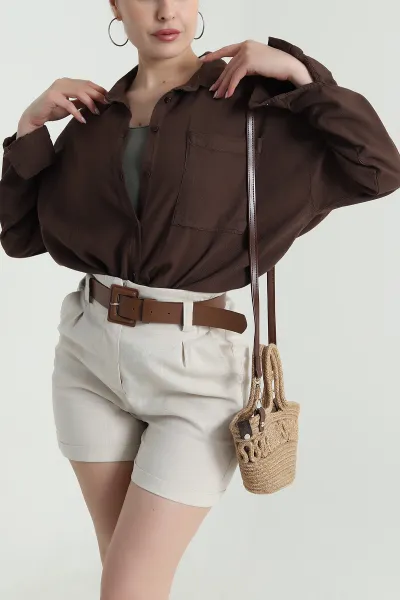 Kahverengi Tek Cep Tasarım Oversize Kadın Gömlek 472970