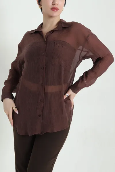 Kahverengi Tek Cep Tencel Kadın Gömlek 456031
