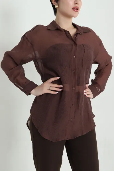 Kahverengi Tek Cep Tencel Kadın Gömlek 456031