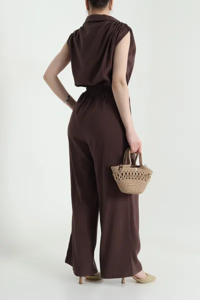 Kahverengi Tencel Bel Lastikli Düğmeli Kadın Tulum 459375