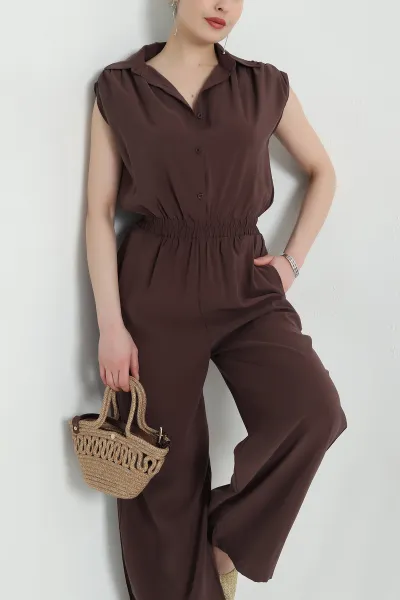 kahverengi-tencel-bel-lastikli-dugmeli-kadin-tulum-459375