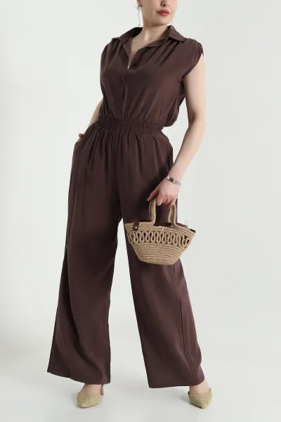Kahverengi Tencel Bel Lastikli Düğmeli Kadın Tulum 459375