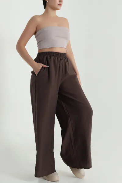 Kahverengi Tencel Bel Lastikli Kadın Pantolon 481029