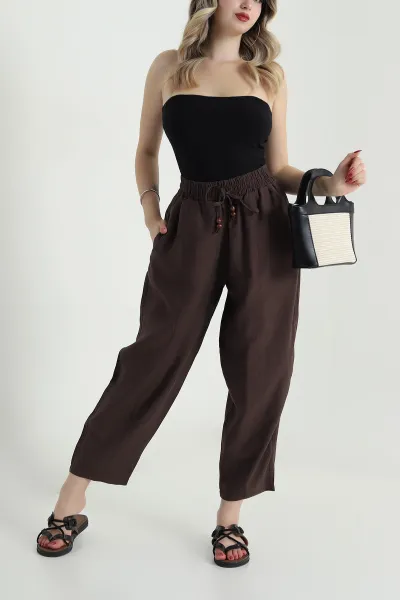 Kahverengi Tencel Boncuklu Şalvar Kadın Pantolon 481050