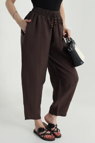 Kahverengi Tencel Boncuklu Şalvar Kadın Pantolon 481050