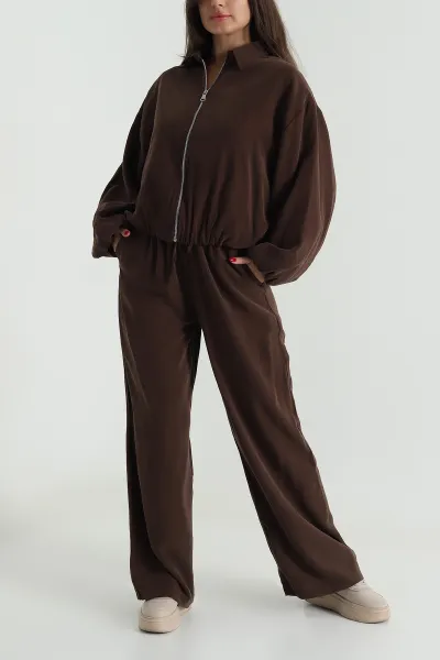 Kahverengi Tencel Gabardin Astarlı Kadın İkili Takım 490935