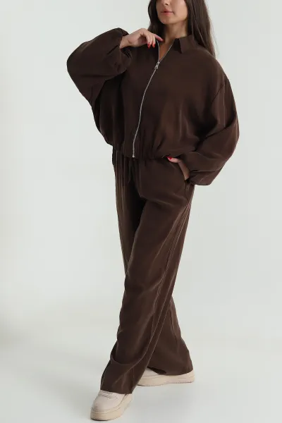 Kahverengi Tencel Gabardin Astarlı Kadın İkili Takım 490935