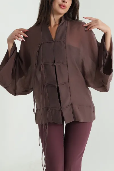 Kahverengi Tencel İp Bağcıklı Kadın Gömlek 476096