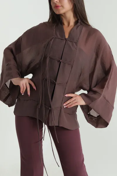 Kahverengi Tencel İp Bağcıklı Kadın Gömlek 476096