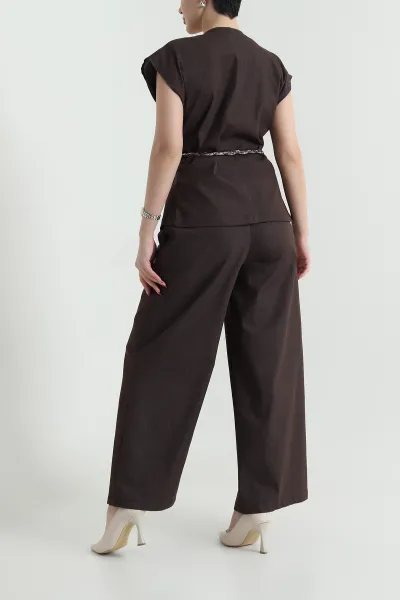 Kahverengi Tencel Kot Yelek Pantolon Kadın İkili Takım 442509