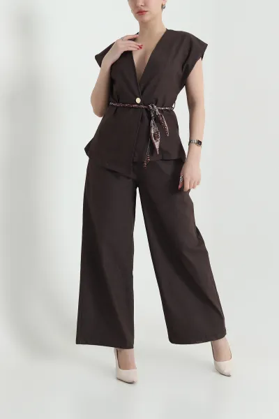Kahverengi Tencel Kot Yelek Pantolon Kadın İkili Takım 442509