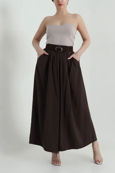 Kahverengi Tencel Pileli Kadın Pantolon 458263