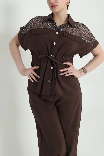 Kahverengi Tencel Pul Detay Kadın İkili Takım 456225