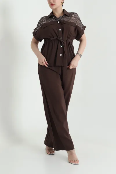 Kahverengi Tencel Pul Detay Kadın İkili Takım 456225