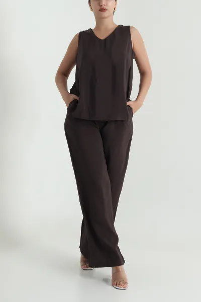 Kahverengi Tencel V Yaka Kadın İkili Takım 475191