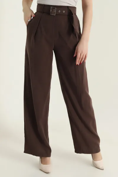 Kahverengi Tencel Viskon Kemerli Bol Paça Kadın Pantolon 434290