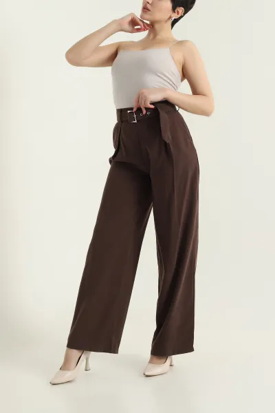 Kahverengi Tencel Viskon Kemerli Bol Paça Kadın Pantolon 434290