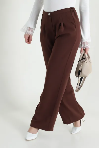 Kahverengi Tensel Crep Beli Lastikli Kadın Pantolon 440774