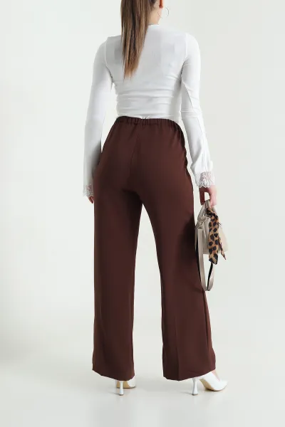 Kahverengi Tensel Crep Beli Lastikli Kadın Pantolon 440774