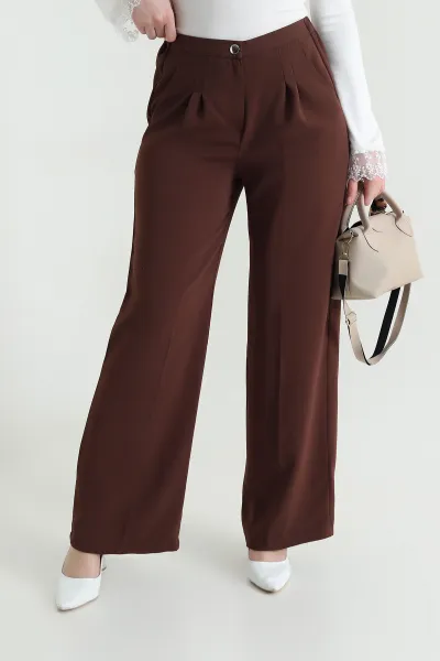 Kahverengi Tensel Crep Beli Lastikli Kadın Pantolon 440774