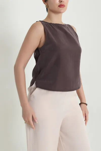 Kahverengi Tensel Modal Kolsuz Kadın Bluz 467144