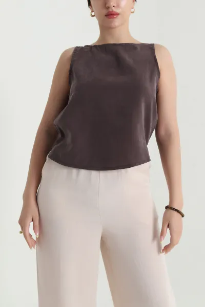 Kahverengi Tensel Modal Kolsuz Kadın Bluz 467144