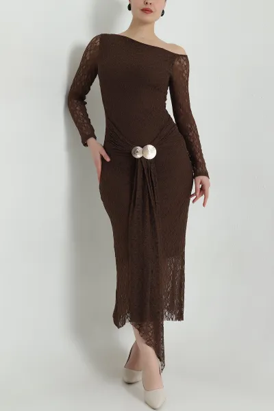 Kahverengi Tokalı Dantelli Kadın Elbise 495046