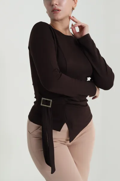 Kahverengi Tokalı Modal Kadın Bluz 483303