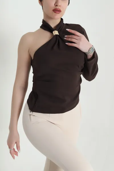 Kahverengi Tokalı Tek Kol Likralı Linda Kadın Bluz 449537