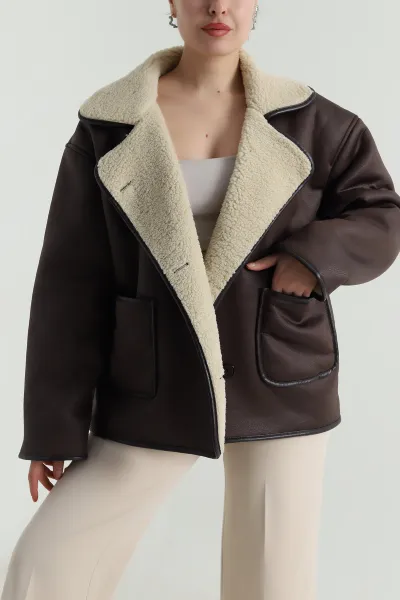 Kahverengi Torba Cep Lamine Kadın Mont 498261