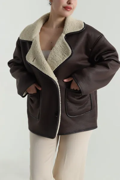 Kahverengi Torba Cep Lamine Kadın Mont 498261