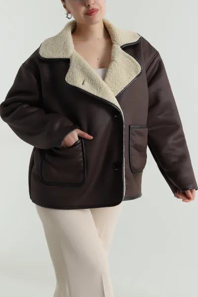 Kahverengi Torba Cep Lamine Kadın Mont 498261