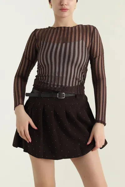 Kahverengi Tül Crop Kadın Badi 431743