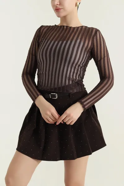 Kahverengi Tül Crop Kadın Badi 431743