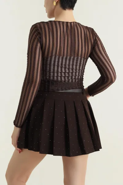Kahverengi Tül Crop Kadın Badi 431743
