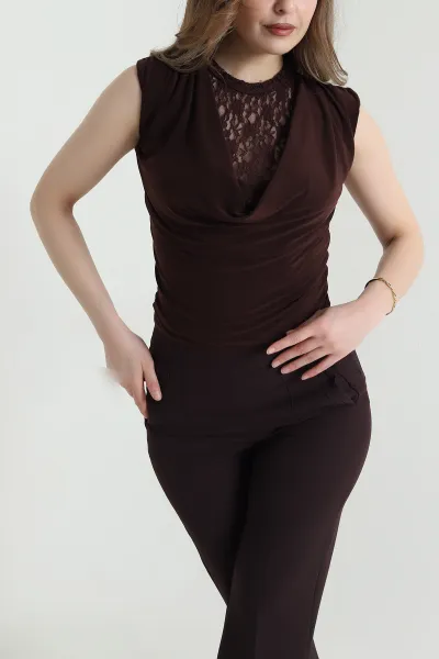 Kahverengi Tül Garnili Sandy Kadın Bluz 463580