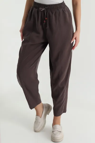 Kahverengi Twil Modal Beli Lastikli Kadın Pantolon 469597