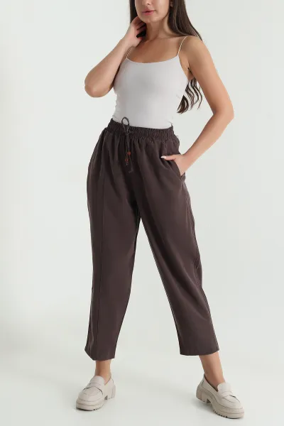Kahverengi Twil Modal Beli Lastikli Kadın Pantolon 469597
