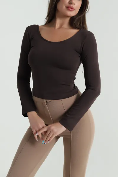Kahverengi U Yaka Basic Kadın Bluz 483111