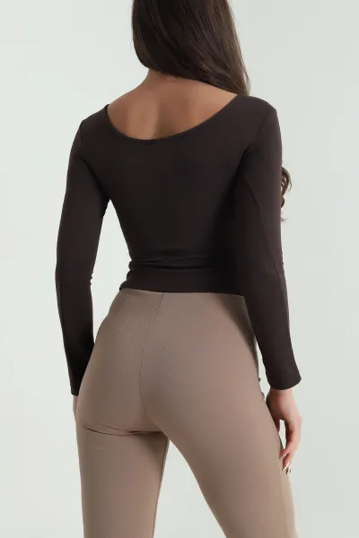 Kahverengi U Yaka Basic Kadın Bluz 483111