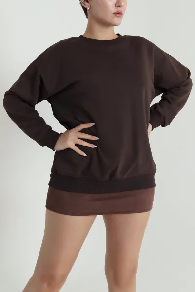 Kahverengi Üç İp Bisiklet Yaka Kadın Sweat 483663