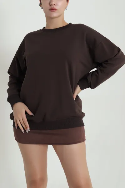 Kahverengi Üç İp Bisiklet Yaka Kadın Sweat 483663