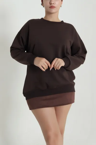 Kahverengi Üç İp Bisiklet Yaka Kadın Sweat 483663
