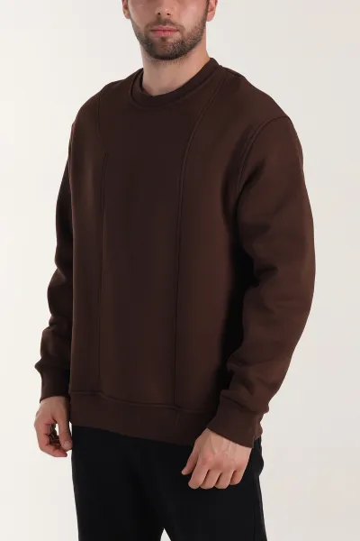 Kahverengi Üç İp Şardonlu Bisiklet Yaka Erkek Sweatshirt 410907