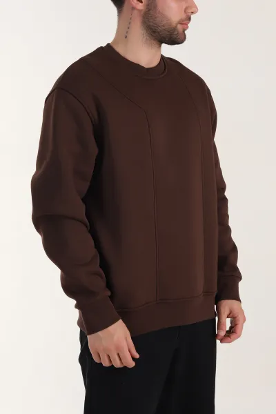 Kahverengi Üç İp Şardonlu Bisiklet Yaka Erkek Sweatshirt 410907