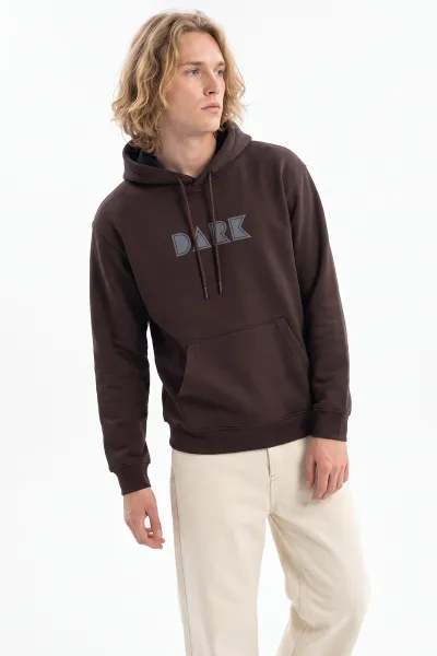 Kahverengi Üç İp Şardonlu Kapüşonlu Erkek Sweatshirt 497784