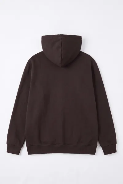 Kahverengi Üç İp Şardonlu Kapüşonlu Erkek Sweatshirt 500075