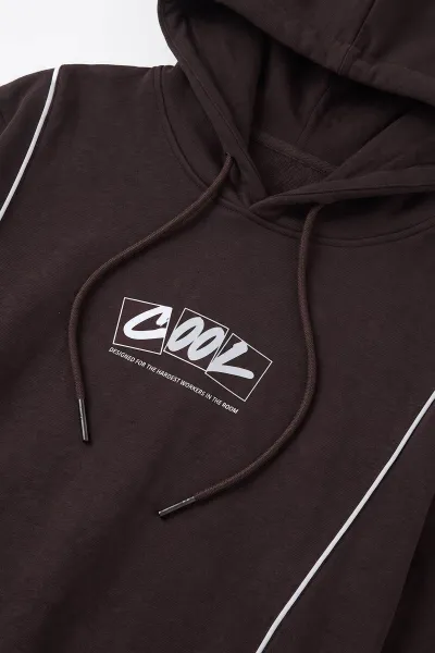 Kahverengi Üç İp Şardonlu Kapüşonlu Erkek Sweatshirt 500075
