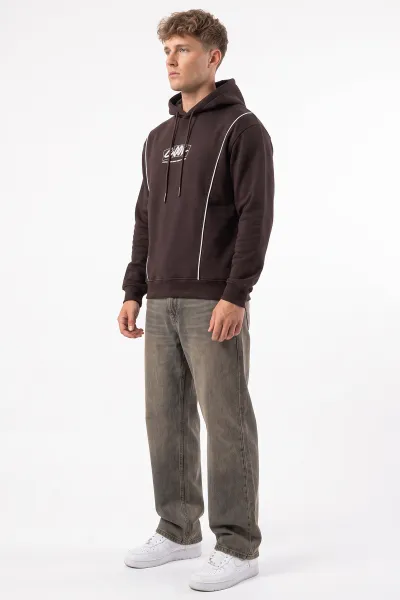 Kahverengi Üç İp Şardonlu Kapüşonlu Erkek Sweatshirt 500075
